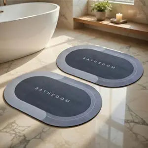 2-Piece Oval Water Absorbent Anti-Slip Bathroom Mat – 40 × 60 cm, Grey