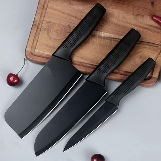 3-Piece Black Kitchen Knife Set | Stainless Steel Non-Stick Chef, Cleaver & Paring Knives