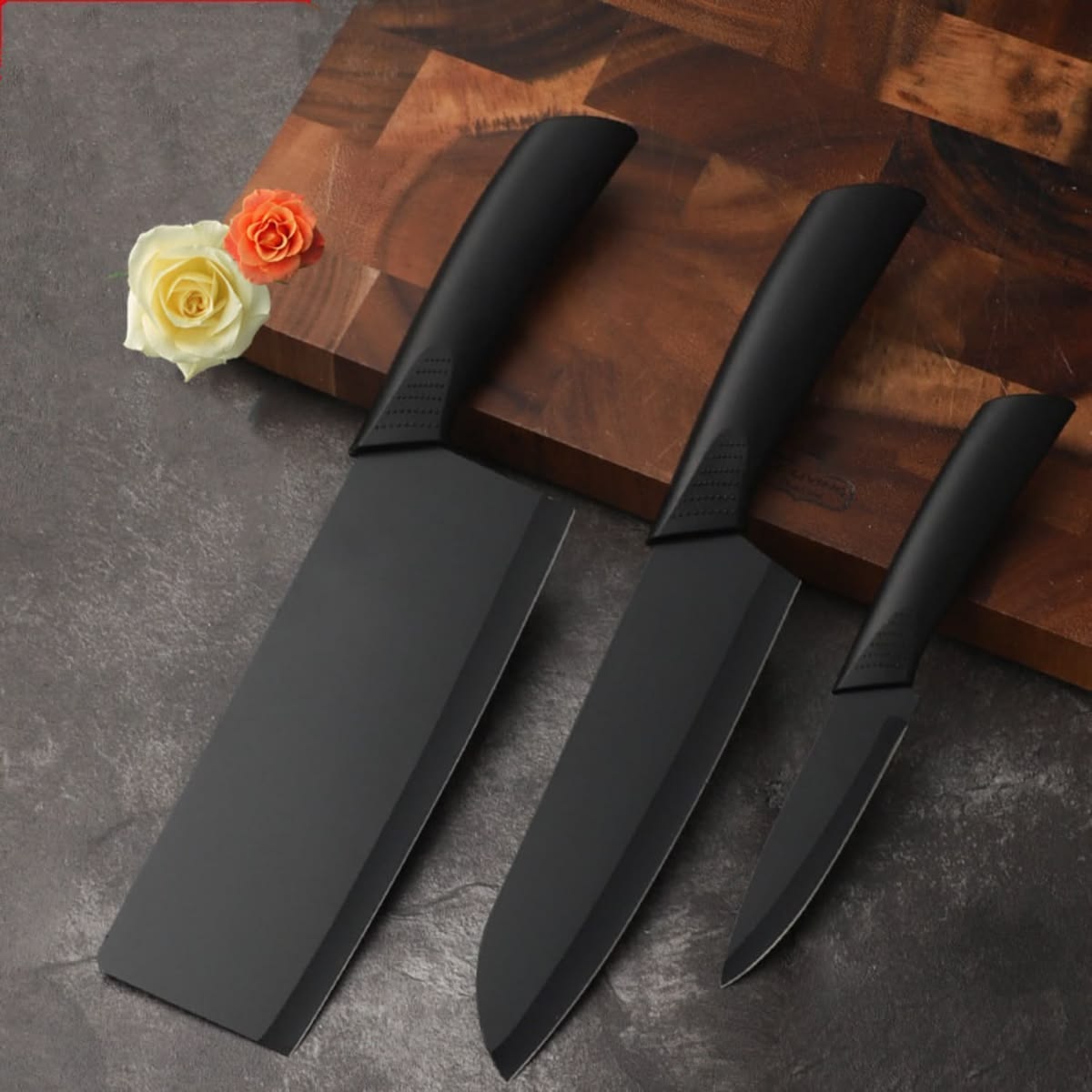 3-Piece Black Kitchen Knife Set | Stainless Steel Non-Stick Chef, Cleaver & Paring Knives
