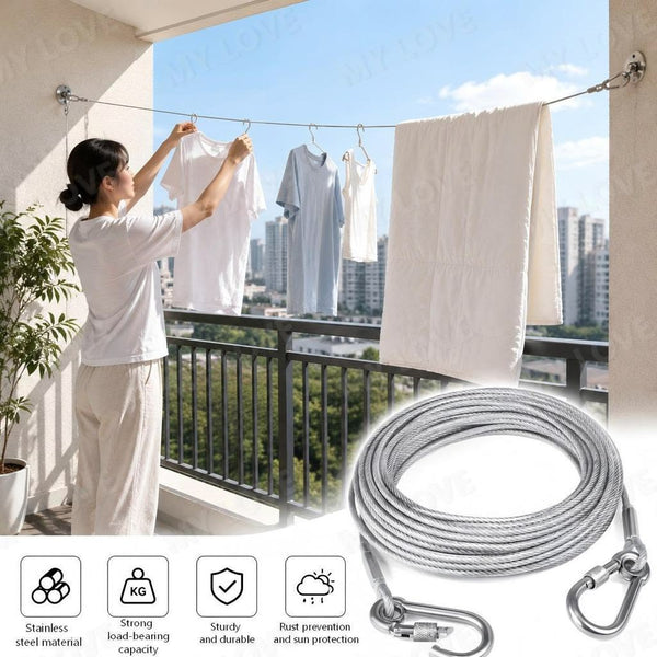 Stainless Steel Clothesline Rope with Hooks | Heavy Duty Rustproof Drying Wire for Indoor