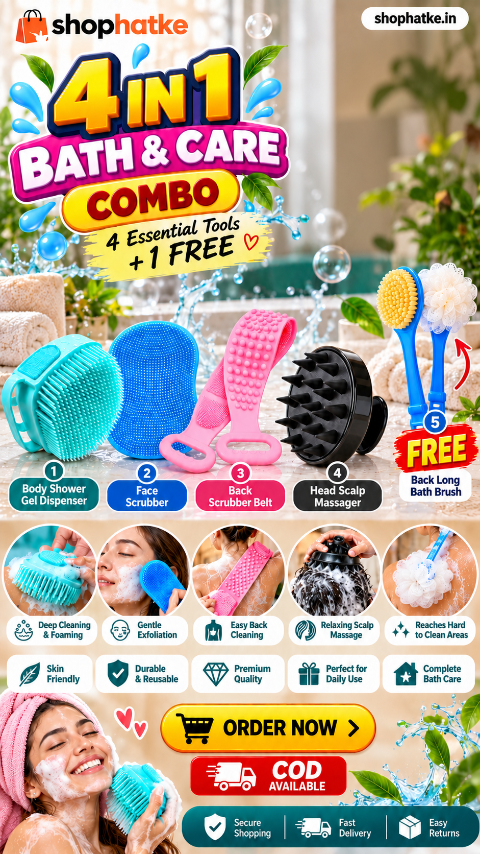 4-in-1 Bath & Care Combo + 1 Free – Body, Face & Scalp Cleaning Set