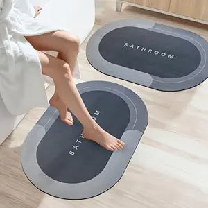 2-Piece Oval Water Absorbent Anti-Slip Bathroom Mat – 40 × 60 cm, Grey