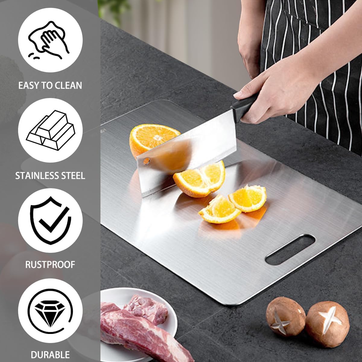 Large Stainless Steel Chopping Board (360 x 250 mm) – Heavy Duty Food-Grade Cutting Board with Handle