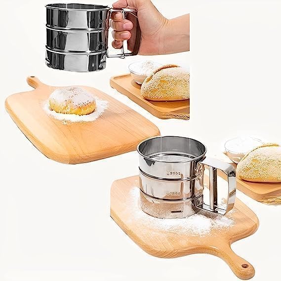 Stainless Steel Hand-Press Flour Sifter Cup – Semi-Automatic Baking Sieve Strainer