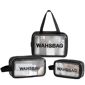 Clear Waterproof Travel Toiletry Wash Bag Set of 3 – Portable Cosmetic Makeup Organizer (Black)