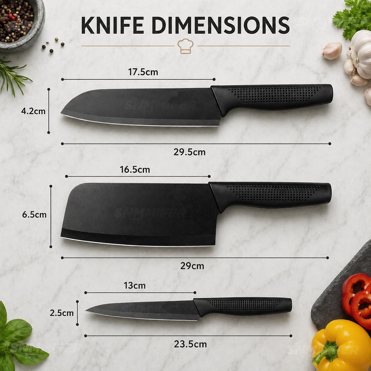 3-Piece Black Kitchen Knife Set | Stainless Steel Non-Stick Chef, Cleaver & Paring Knives