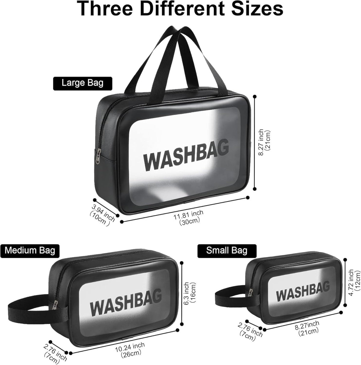 Clear Waterproof Travel Toiletry Wash Bag Set of 3 – Portable Cosmetic Makeup Organizer (Black)