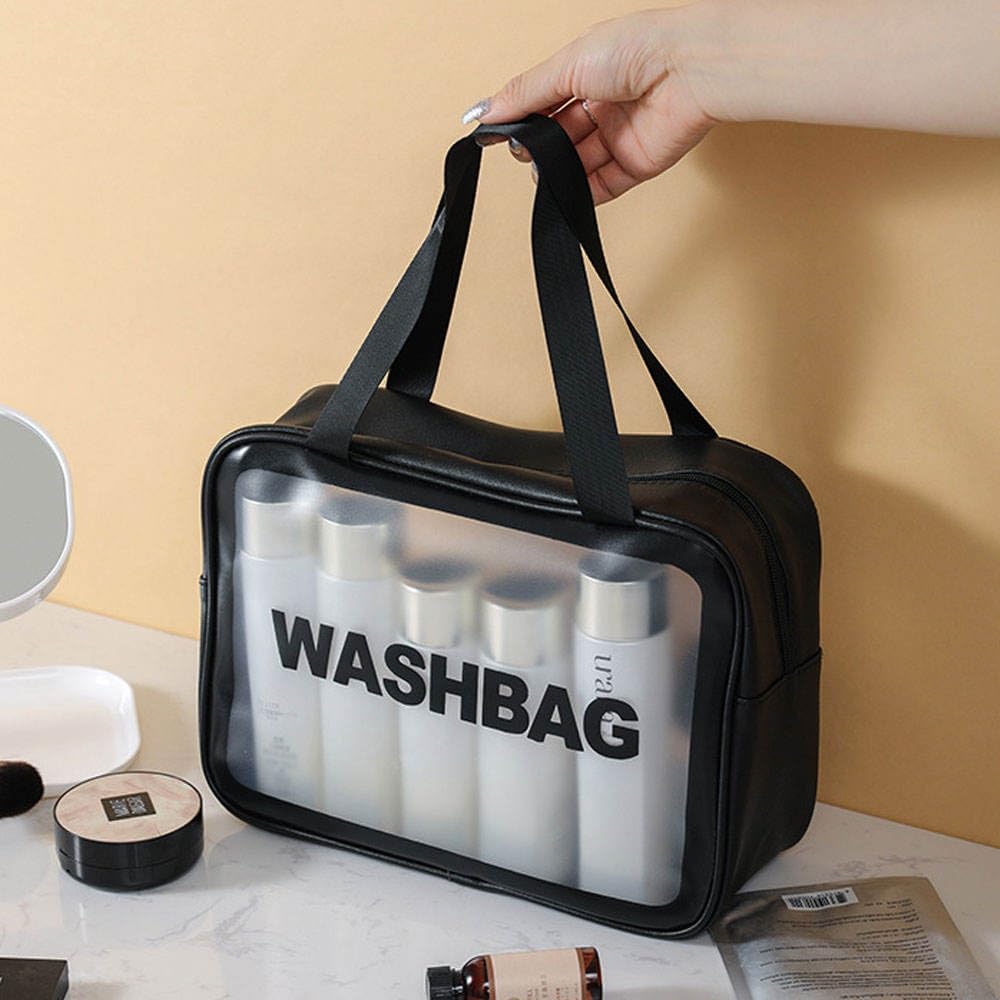 Clear Waterproof Travel Toiletry Wash Bag Set of 3 – Portable Cosmetic Makeup Organizer (Black)