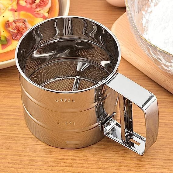 Stainless Steel Hand-Press Flour Sifter Cup – Semi-Automatic Baking Sieve Strainer