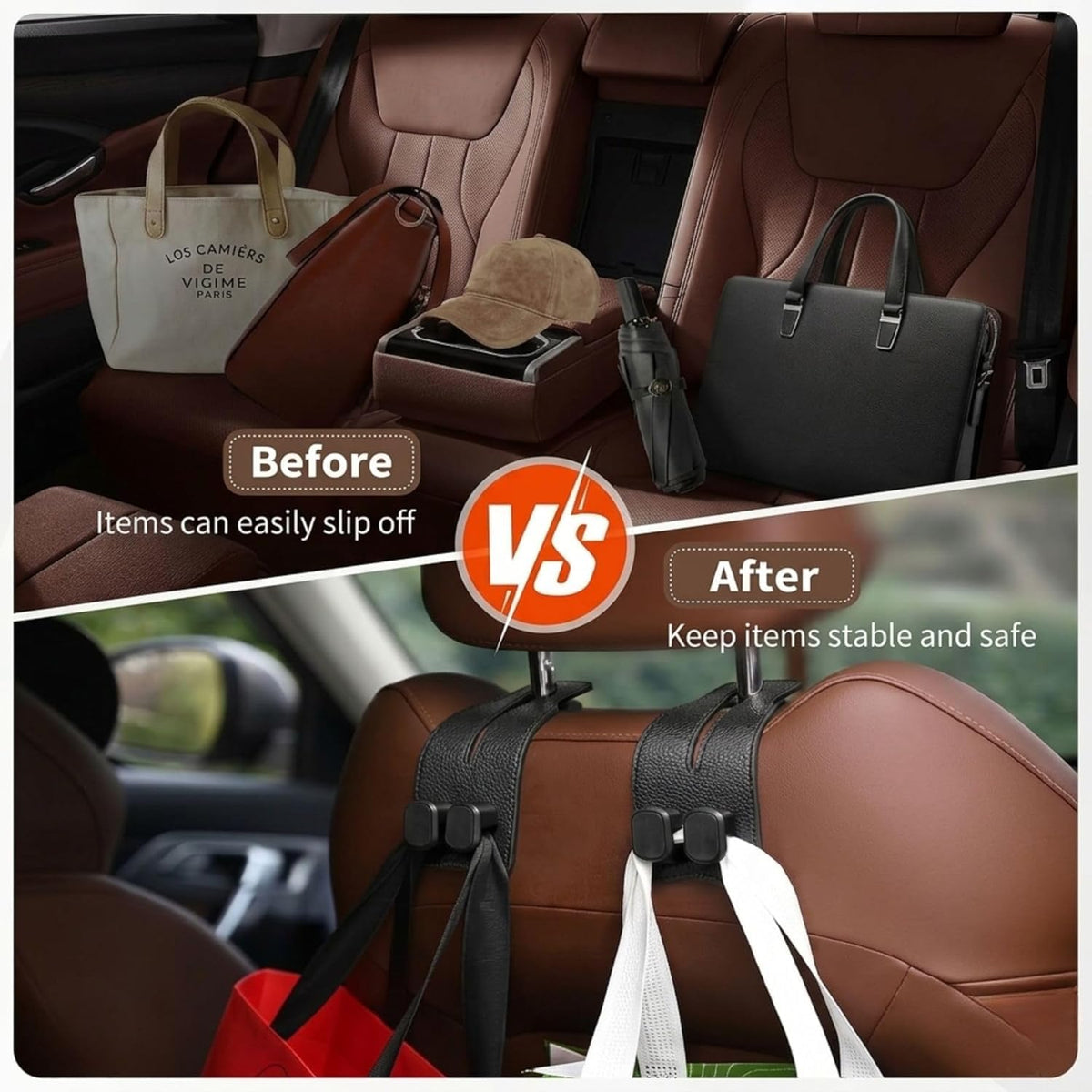 Leather Car Seat Headrest Double Hooks (Pack of  2) – Car Organizer Hanger