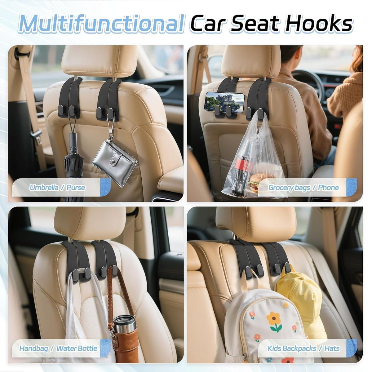Leather Car Seat Headrest Double Hooks (Pack of  2) – Car Organizer Hanger
