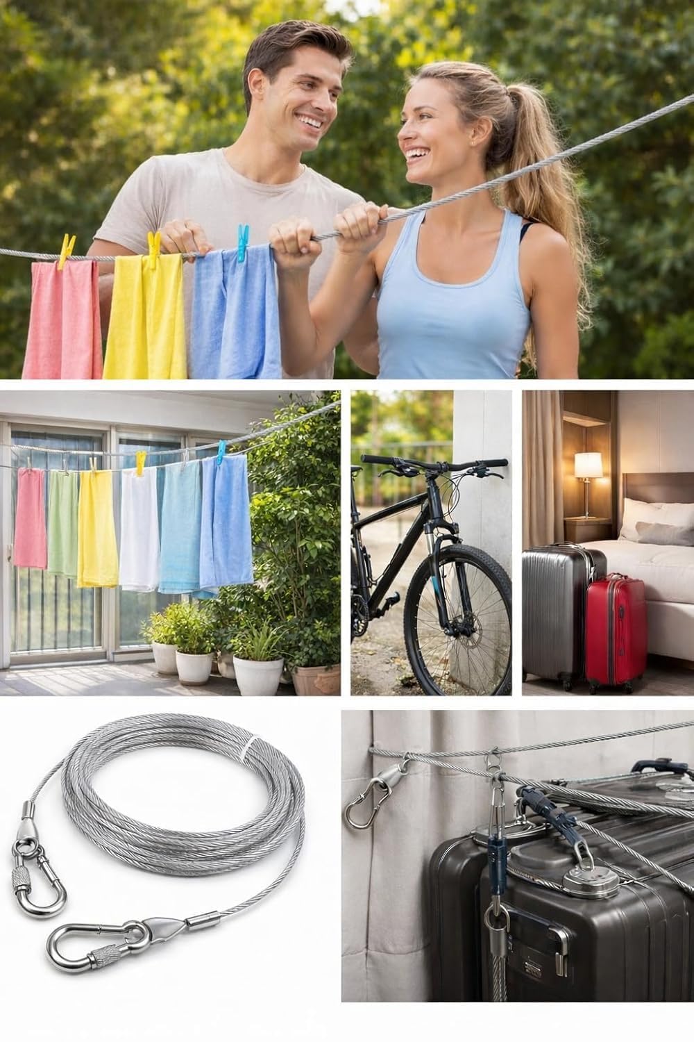 Stainless Steel Clothesline Rope with Hooks | Heavy Duty Rustproof Drying Wire for Indoor