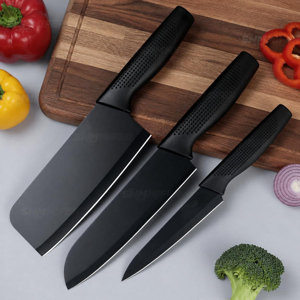 3-Piece Black Kitchen Knife Set | Stainless Steel Non-Stick Chef, Cleaver & Paring Knives