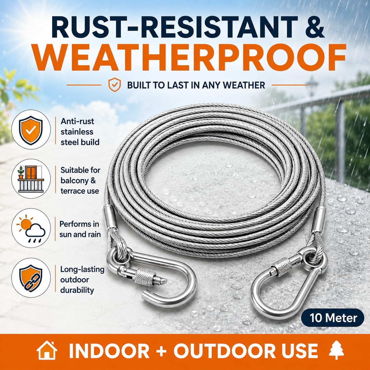 Stainless Steel Clothesline Rope with Hooks | Heavy Duty Rustproof Drying Wire for Indoor