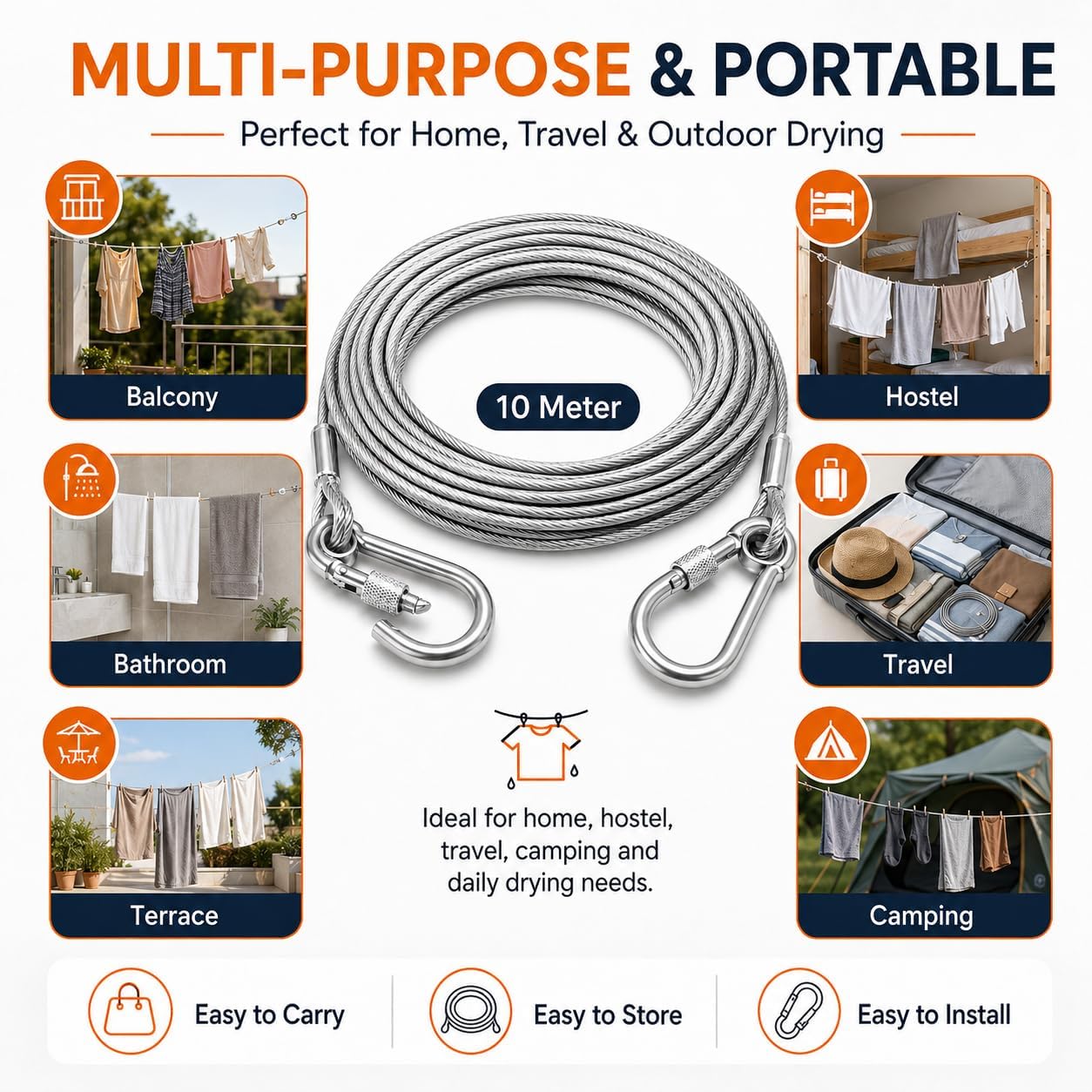Stainless Steel Clothesline Rope with Hooks | Heavy Duty Rustproof Drying Wire for Indoor