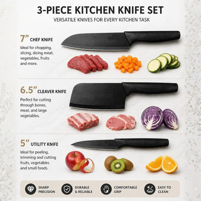 3-Piece Black Kitchen Knife Set | Stainless Steel Non-Stick Chef, Cleaver & Paring Knives