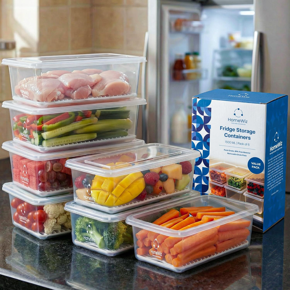 Airtight Fridge Storage Containers ( Pack of 6) – Stackable Food Organizer