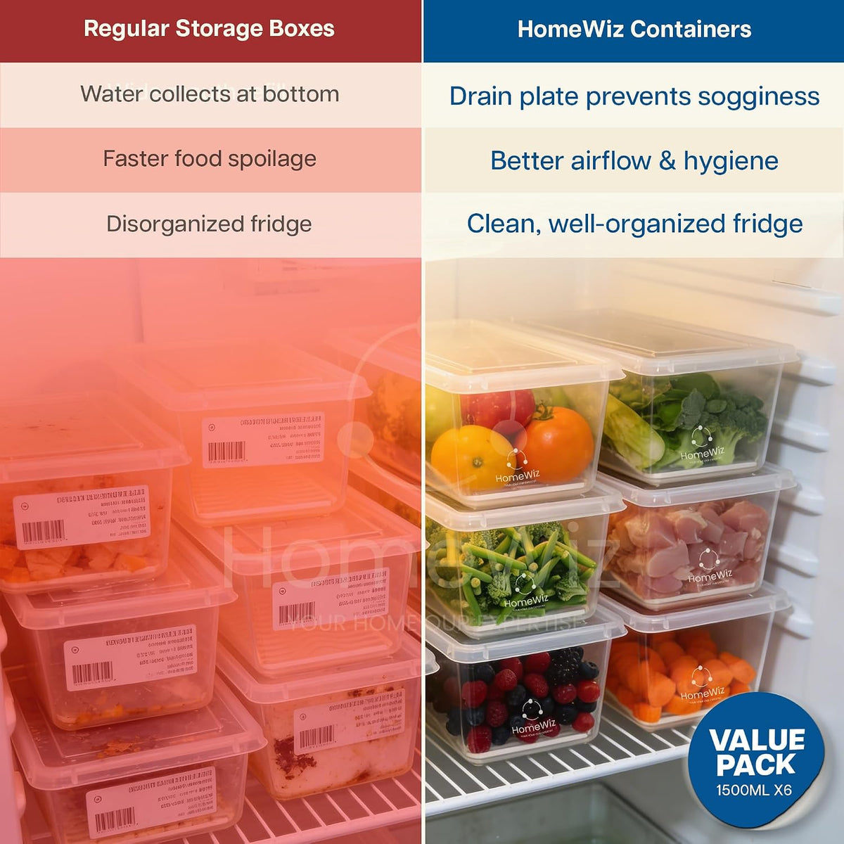 Airtight Fridge Storage Containers ( Pack of 6) – Stackable Food Organizer