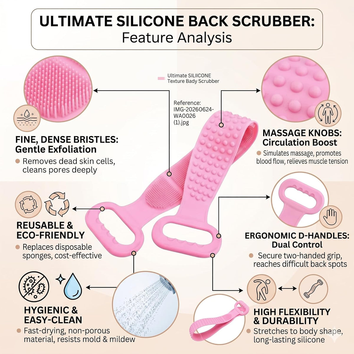 Silicone Body Back Scrubber Belt (Pack of 1) – Dual-Sided Exfoliating Shower Bath Brush
