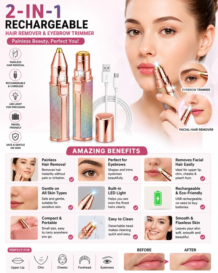 2-in-1 Rechargeable Eyebrow & Facial Hair Trimmer for Women |  Painless Hair Remover