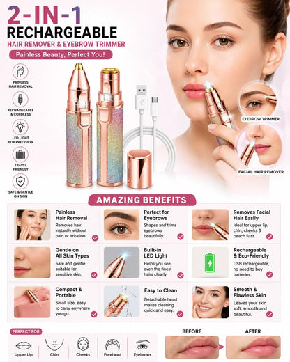 2-in-1 Rechargeable Eyebrow & Facial Hair Trimmer for Women |  Painless Hair Remover