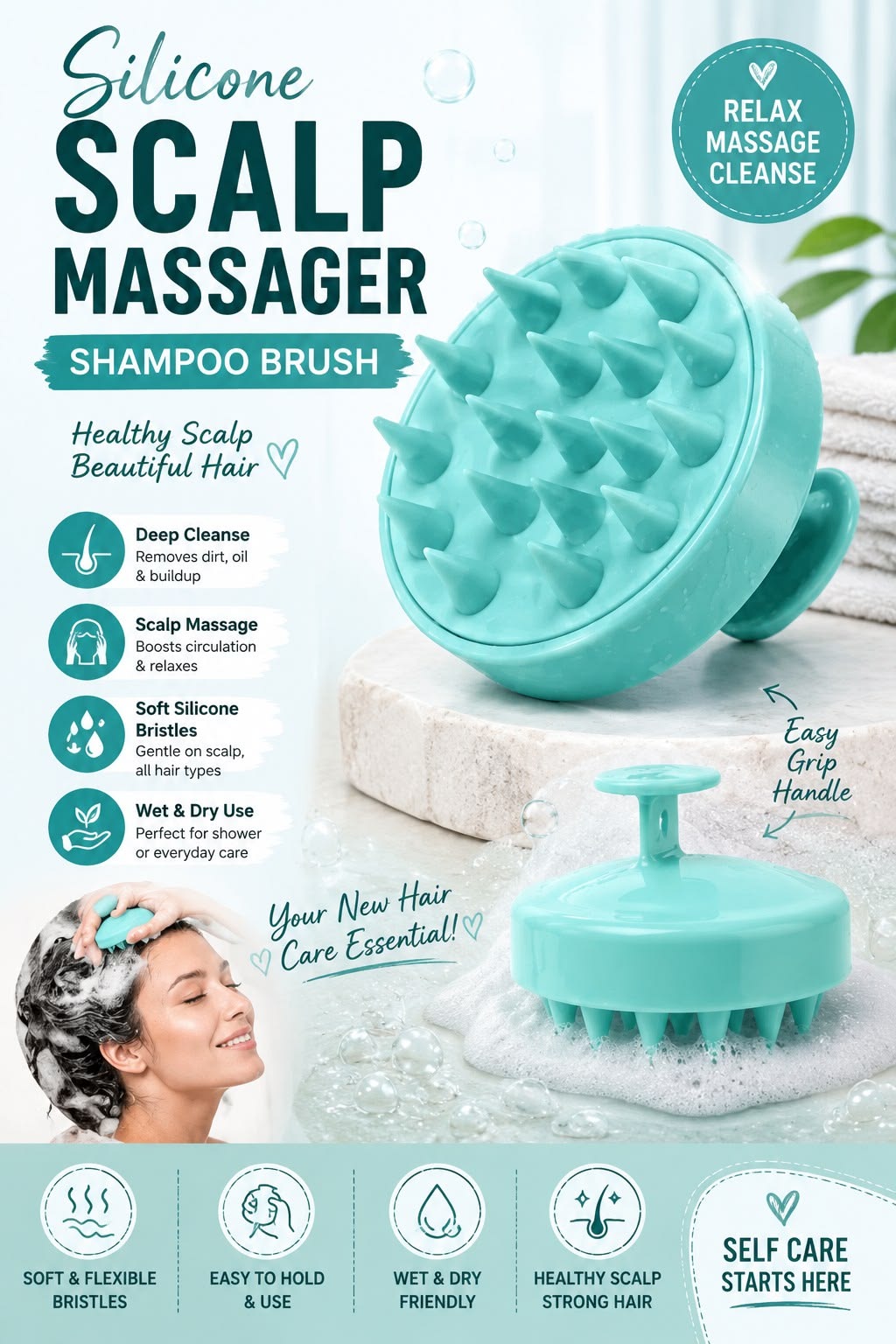 Silicone Hair Scalp Massager & Shampoo Brush – Dandruff Exfoliator & Hair Growth Tool